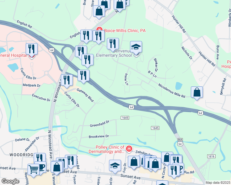 map of restaurants, bars, coffee shops, grocery stores, and more near U.S. Highway 64 in WESLEYAN COL