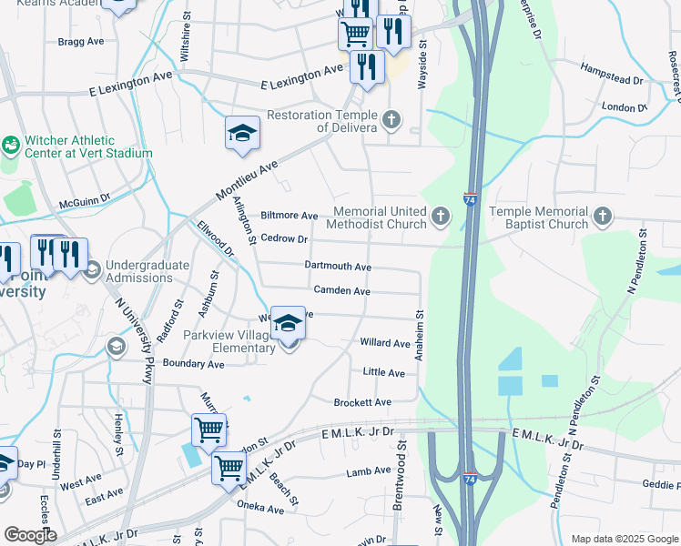 map of restaurants, bars, coffee shops, grocery stores, and more near 1210 Dartmouth Avenue in High Point
