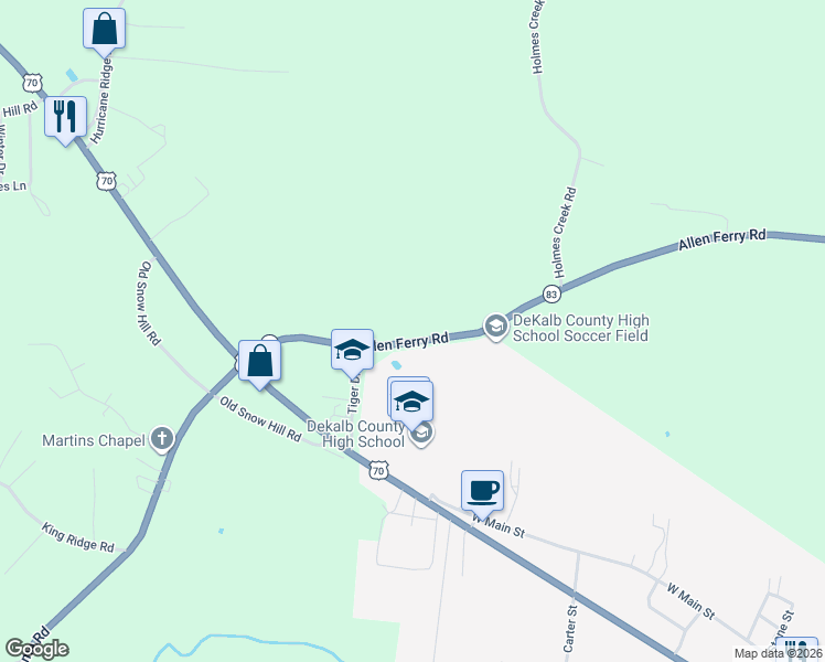 map of restaurants, bars, coffee shops, grocery stores, and more near 415 Allen Ferry Road in Smithville