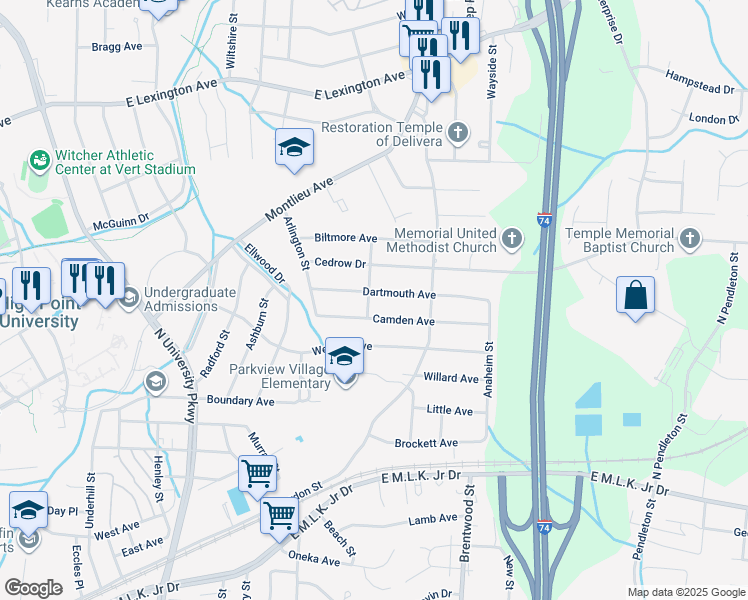 map of restaurants, bars, coffee shops, grocery stores, and more near 1200 Dartmouth Avenue in High Point
