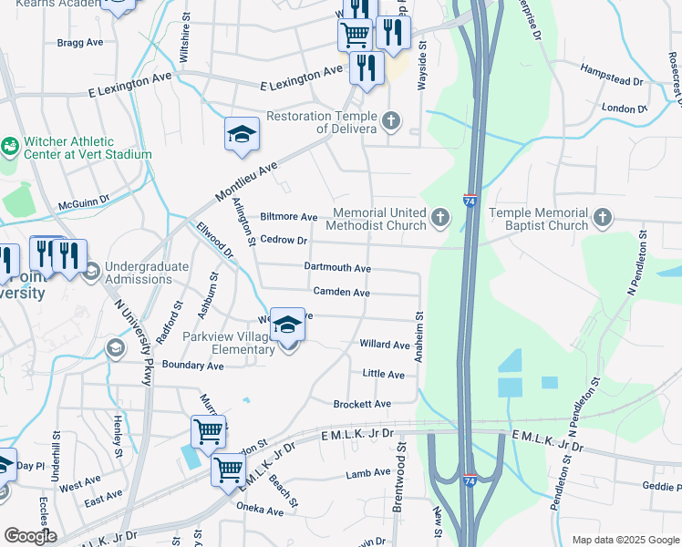 map of restaurants, bars, coffee shops, grocery stores, and more near 1210 Dartmouth Avenue in High Point