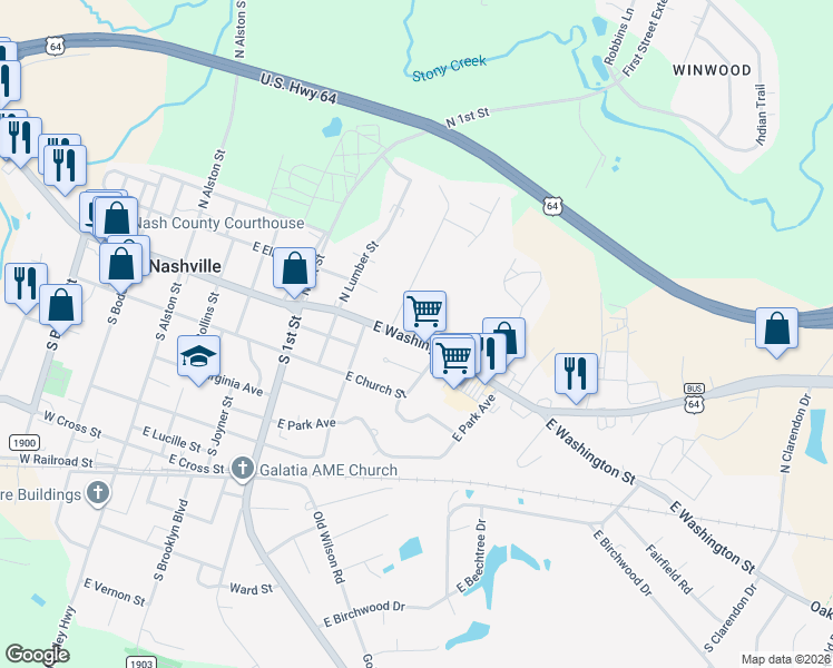 map of restaurants, bars, coffee shops, grocery stores, and more near 622 East Washington Street in Nashville