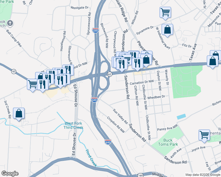 map of restaurants, bars, coffee shops, grocery stores, and more near 3915 Carnation Drive Northwest in Knoxville