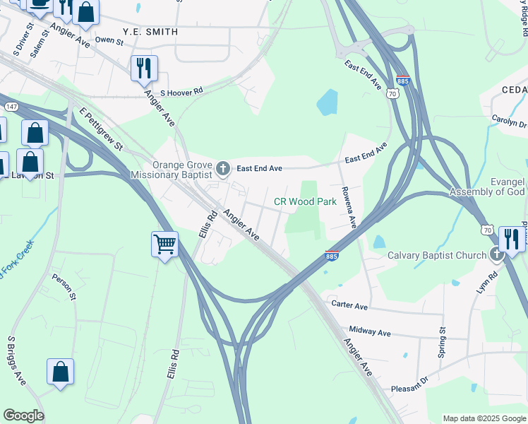 map of restaurants, bars, coffee shops, grocery stores, and more near 3009 Bryant Street in Durham