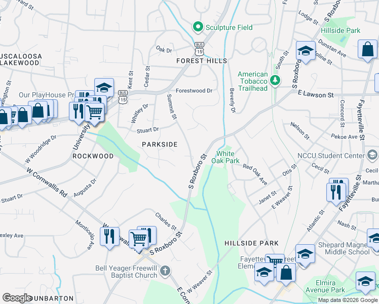 map of restaurants, bars, coffee shops, grocery stores, and more near 2223 Summit Street in Durham