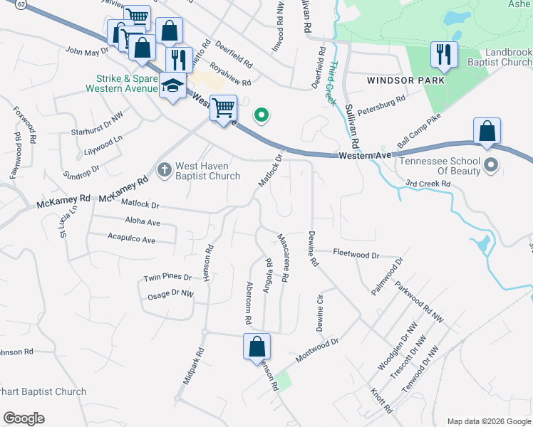 map of restaurants, bars, coffee shops, grocery stores, and more near 4424 Mascarene Road in Knoxville