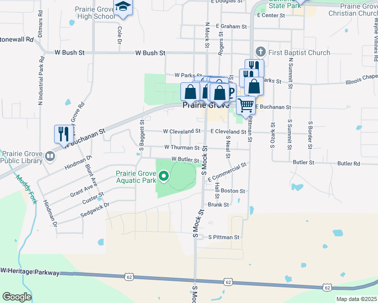 map of restaurants, bars, coffee shops, grocery stores, and more near 110 West Thurman Street in Prairie Grove