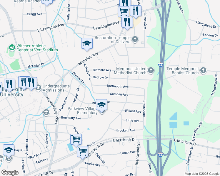 map of restaurants, bars, coffee shops, grocery stores, and more near 1200 Dartmouth Avenue in High Point