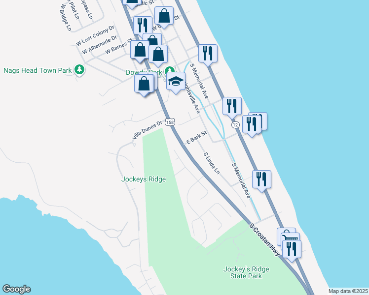 map of restaurants, bars, coffee shops, grocery stores, and more near 3301 South Croatan Highway in Nags Head