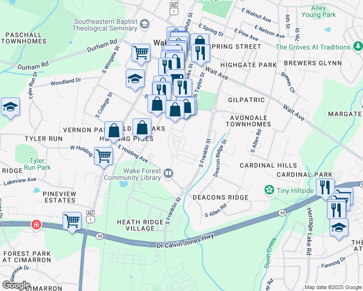 map of restaurants, bars, coffee shops, grocery stores, and more near 457 Rally Point Place in Wake Forest