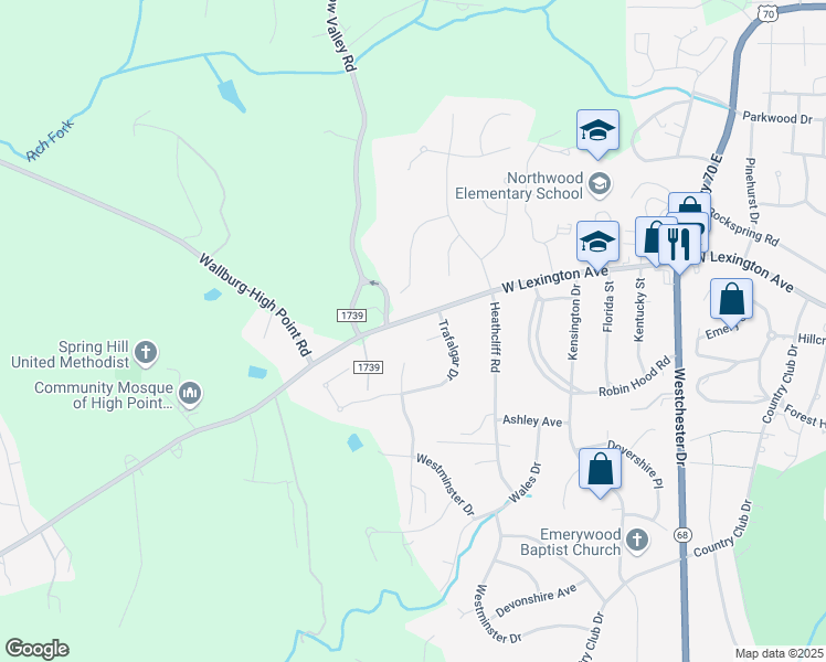 map of restaurants, bars, coffee shops, grocery stores, and more near 1504 Trafalgar Court in High Point