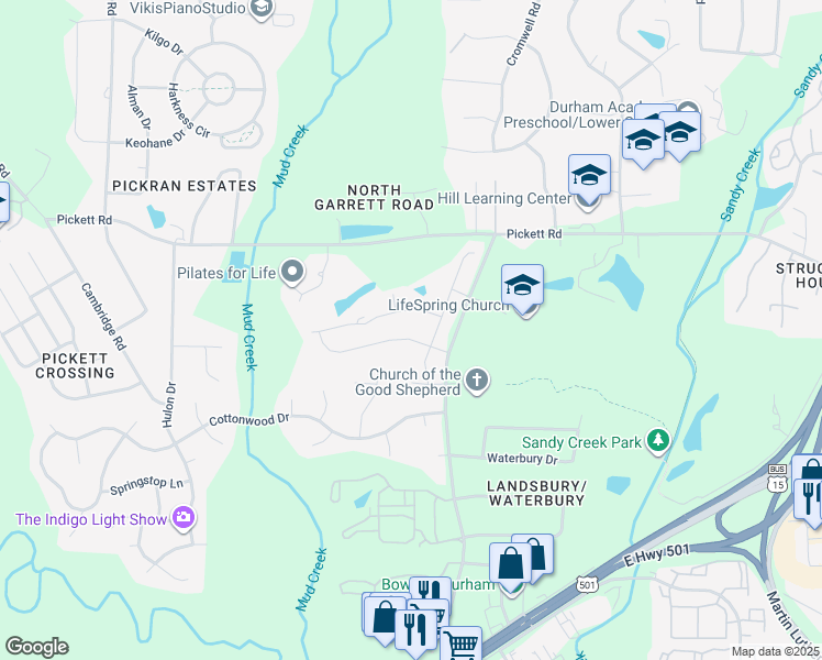 map of restaurants, bars, coffee shops, grocery stores, and more near 3708 Garrett Road in Durham