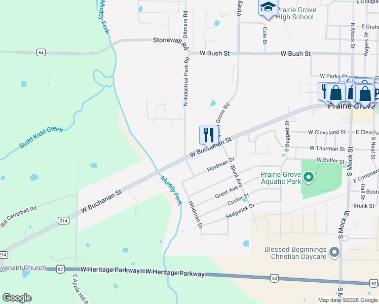 map of restaurants, bars, coffee shops, grocery stores, and more near 291 South Industrial Park Road in Prairie Grove
