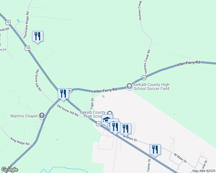 map of restaurants, bars, coffee shops, grocery stores, and more near 415 Allen Ferry Rd in Smithville