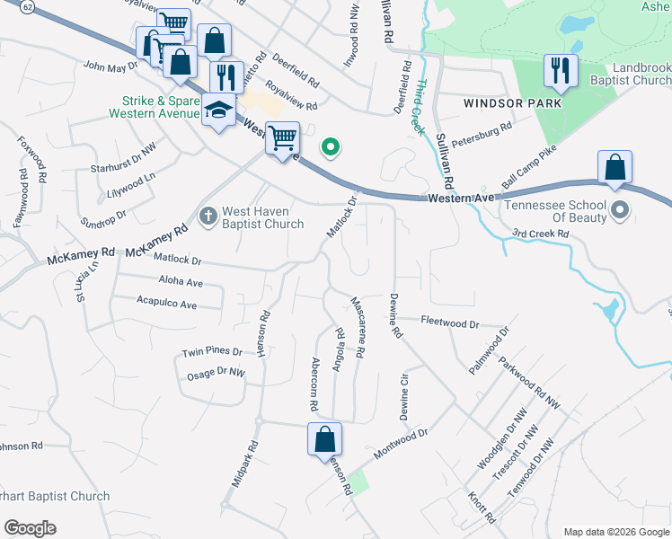 map of restaurants, bars, coffee shops, grocery stores, and more near 4424 Mascarene Road in Knoxville