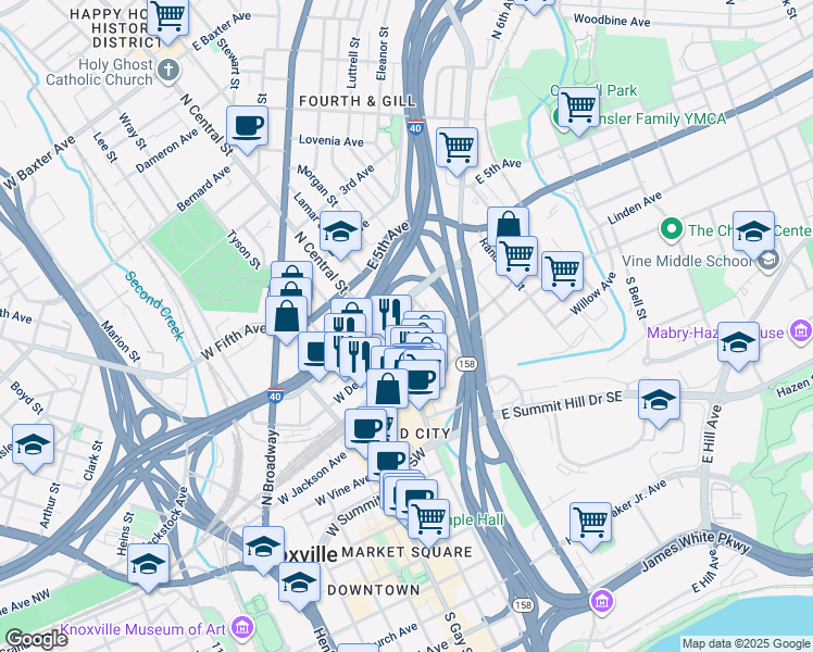 map of restaurants, bars, coffee shops, grocery stores, and more near 200 East Magnolia Avenue in Knoxville