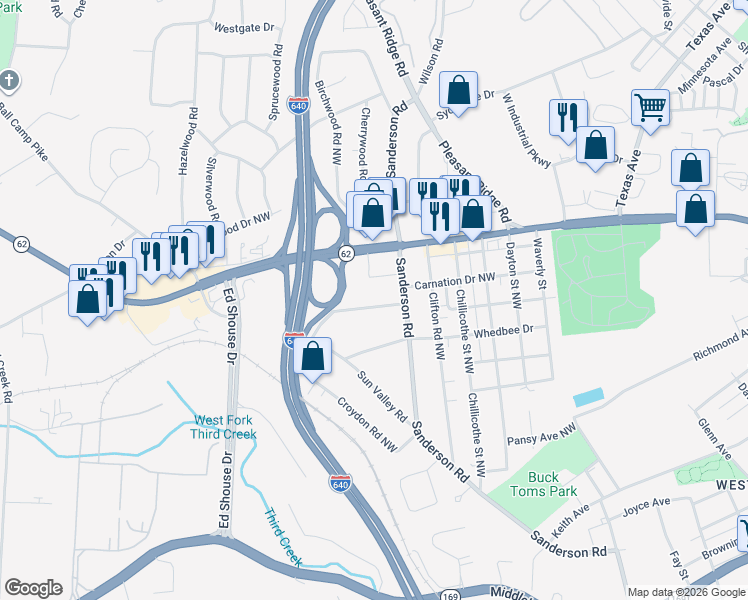 map of restaurants, bars, coffee shops, grocery stores, and more near 3907 Carnation Drive Northwest in Knoxville