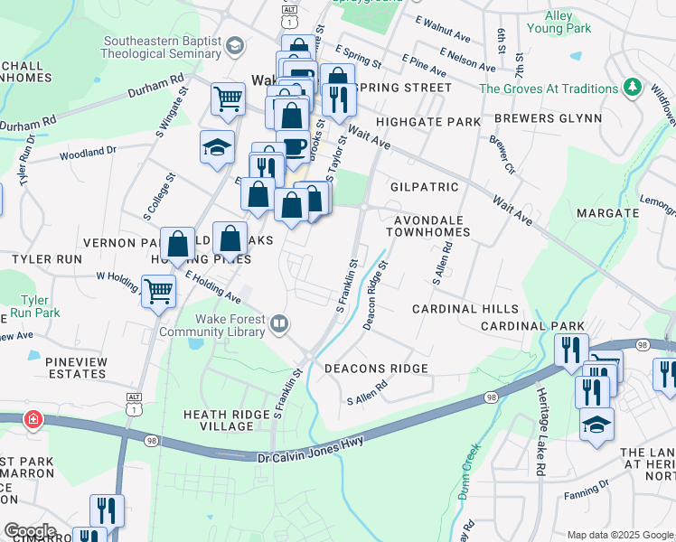 map of restaurants, bars, coffee shops, grocery stores, and more near 352 South Franklin Street in Wake Forest