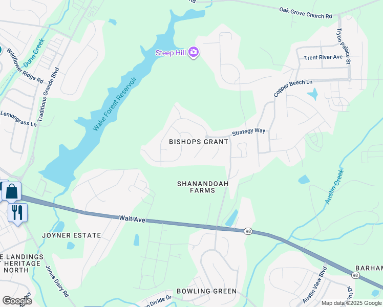 map of restaurants, bars, coffee shops, grocery stores, and more near 720 Opposition Way in Wake Forest