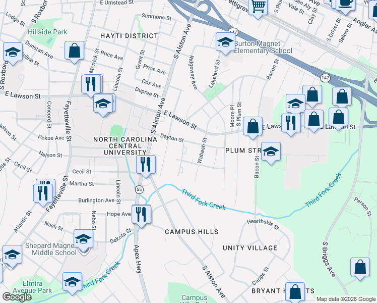 map of restaurants, bars, coffee shops, grocery stores, and more near 1102 Dayton Street in Durham