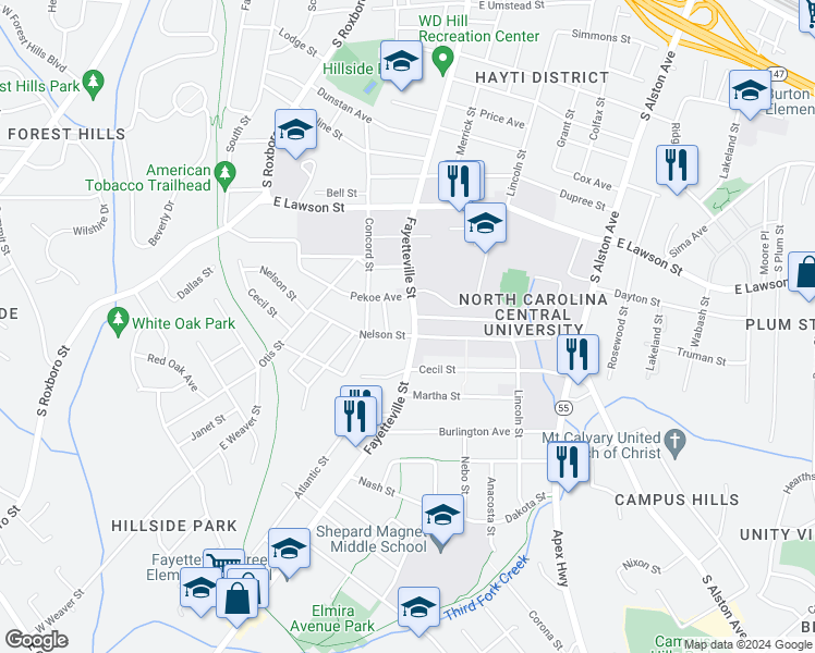 map of restaurants, bars, coffee shops, grocery stores, and more near 2114 Fayetteville Street in Durham