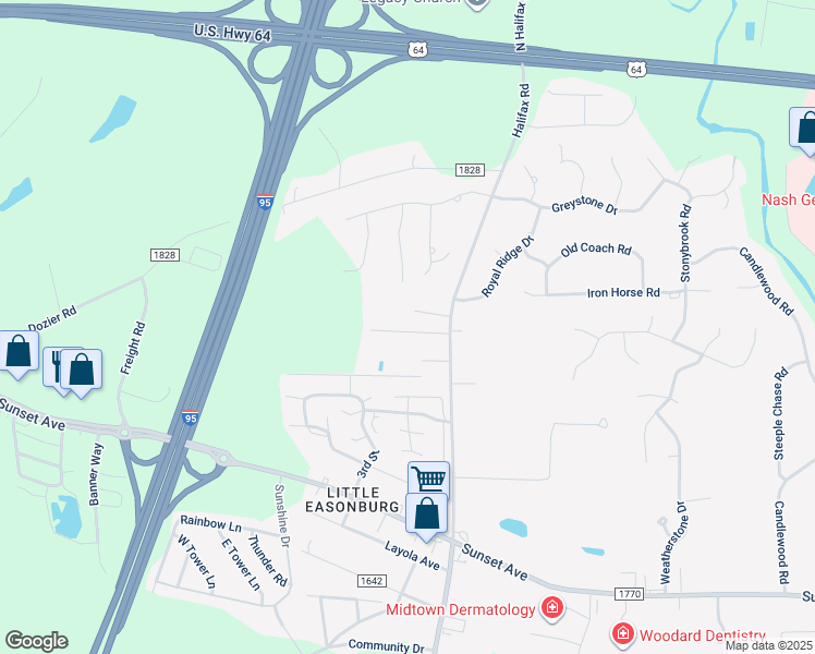 map of restaurants, bars, coffee shops, grocery stores, and more near 4128 Harrison Drive in Rocky Mount
