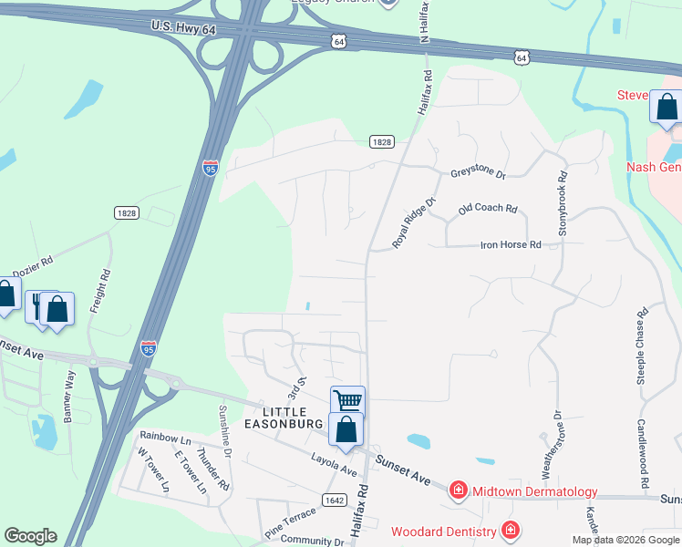 map of restaurants, bars, coffee shops, grocery stores, and more near 4120-4124 Harrison Drive in Rocky Mount