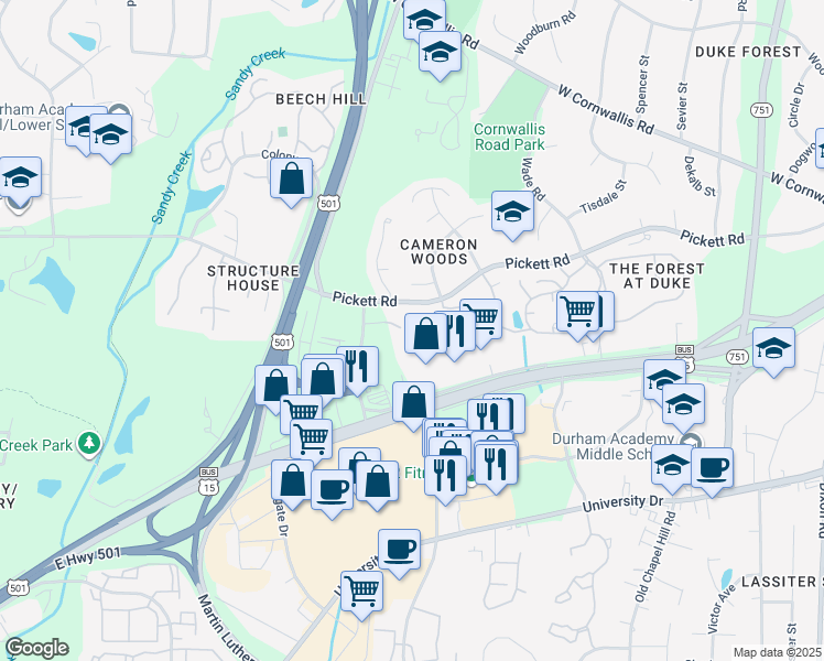 map of restaurants, bars, coffee shops, grocery stores, and more near 434 Morcroft Lane in Durham