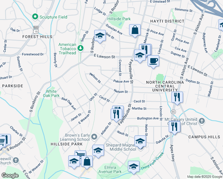 map of restaurants, bars, coffee shops, grocery stores, and more near 207 Nelson Street in Durham