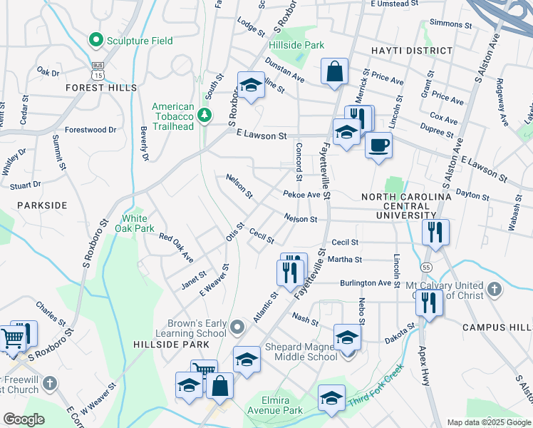 map of restaurants, bars, coffee shops, grocery stores, and more near 207 Nelson Street in Durham