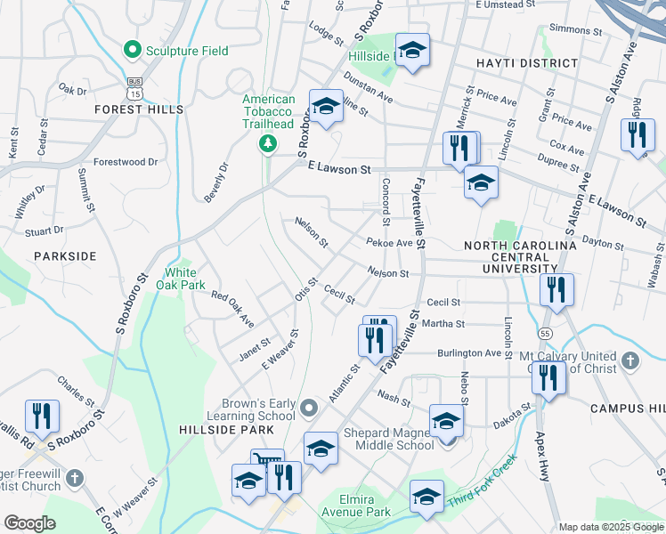 map of restaurants, bars, coffee shops, grocery stores, and more near 1927 Cecil Street in Durham