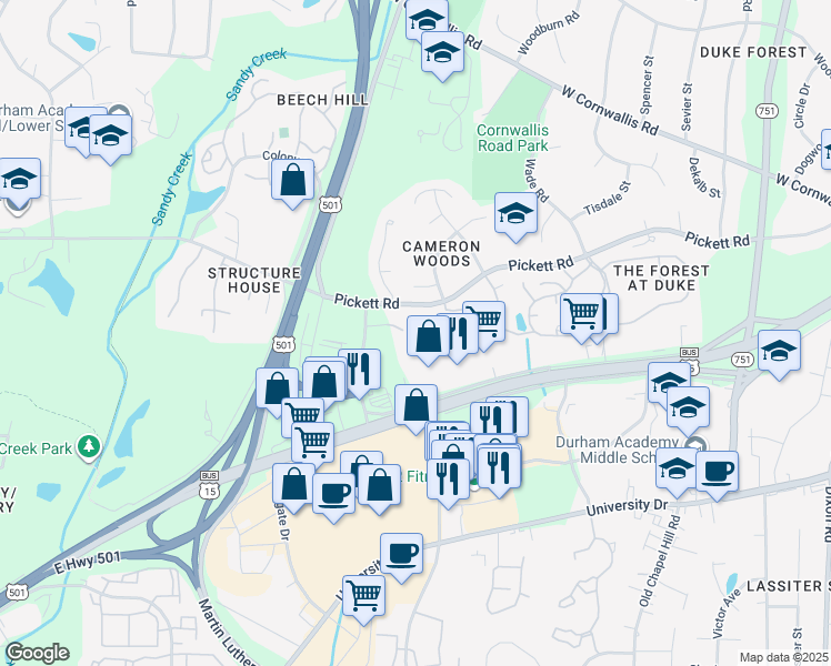 map of restaurants, bars, coffee shops, grocery stores, and more near 434 Morcroft Lane in Durham
