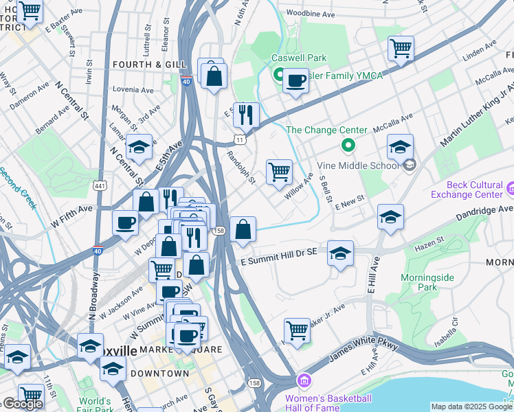 map of restaurants, bars, coffee shops, grocery stores, and more near 622 East Jackson Avenue in Knoxville