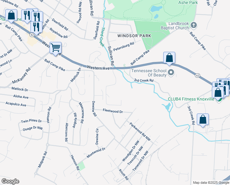 map of restaurants, bars, coffee shops, grocery stores, and more near 5000 Western Avenue in Knoxville