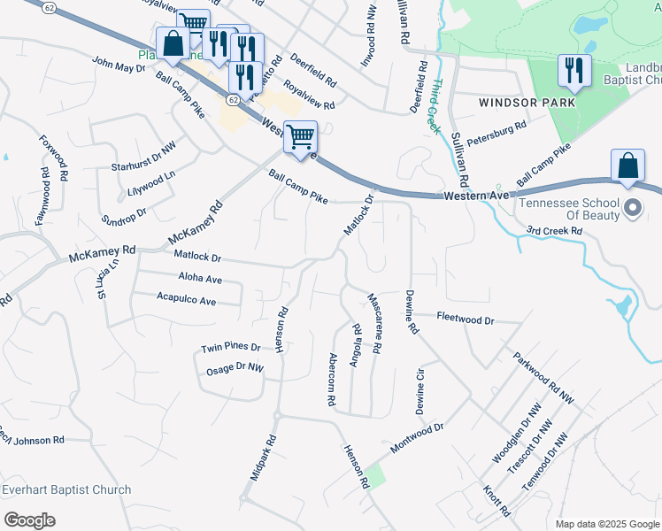 map of restaurants, bars, coffee shops, grocery stores, and more near 4424 Mascarene Road in Knoxville