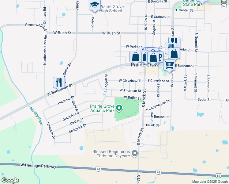 map of restaurants, bars, coffee shops, grocery stores, and more near 400 West Thurman Street in Prairie Grove