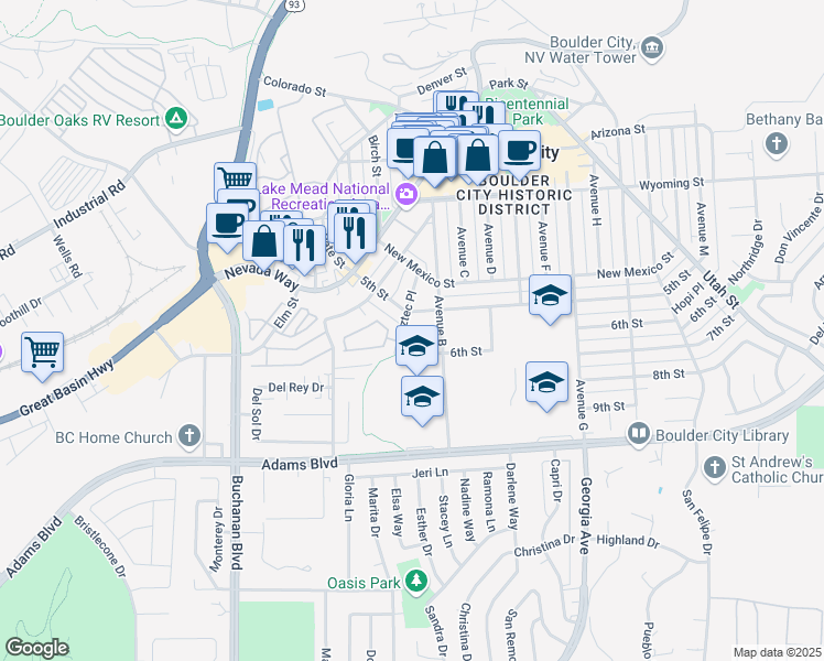 map of restaurants, bars, coffee shops, grocery stores, and more near in Boulder City