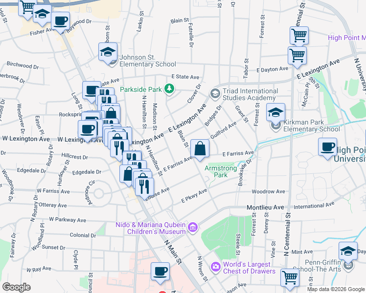 map of restaurants, bars, coffee shops, grocery stores, and more near 1109 Blain Street in High Point