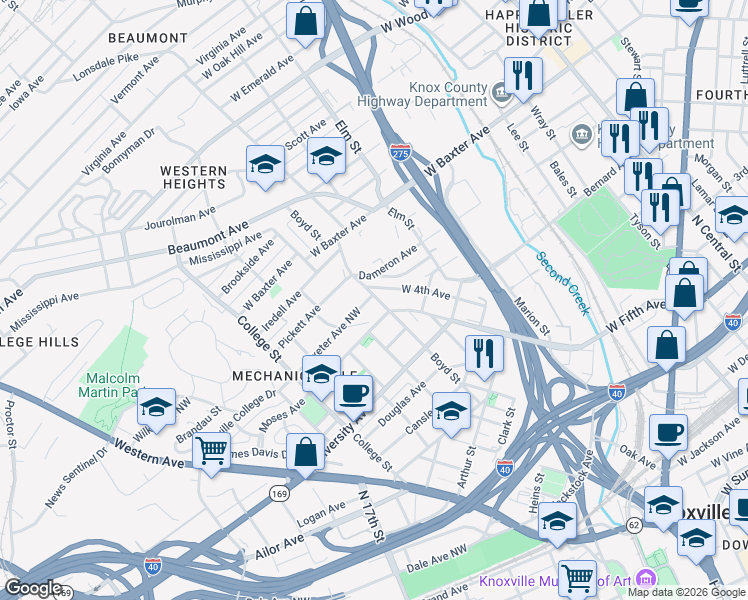 map of restaurants, bars, coffee shops, grocery stores, and more near 1727 Boyd Street in Knoxville