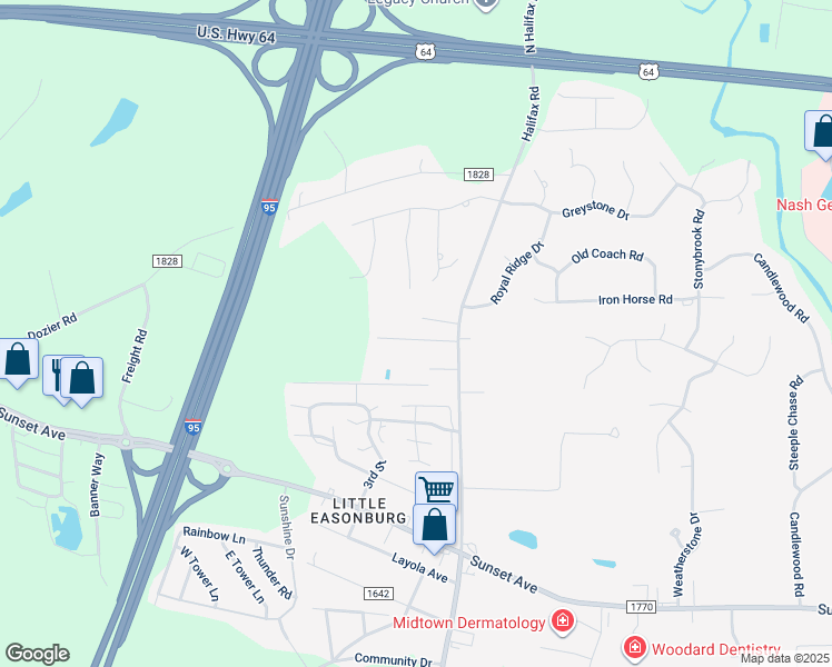map of restaurants, bars, coffee shops, grocery stores, and more near 4128 Harrison Drive in Rocky Mount