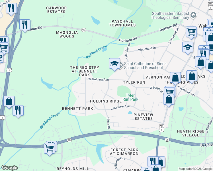 map of restaurants, bars, coffee shops, grocery stores, and more near 539 West Holding Avenue in Wake Forest