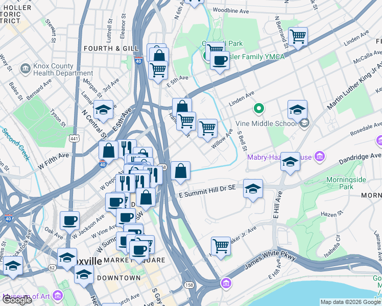 map of restaurants, bars, coffee shops, grocery stores, and more near 622 East Jackson Avenue in Knoxville