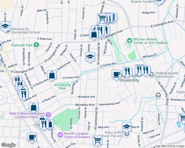 map of restaurants, bars, coffee shops, grocery stores, and more near 704 East Farriss Avenue in High Point