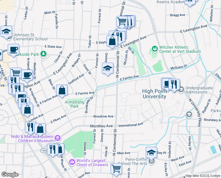 map of restaurants, bars, coffee shops, grocery stores, and more near 704 East Farriss Avenue in High Point