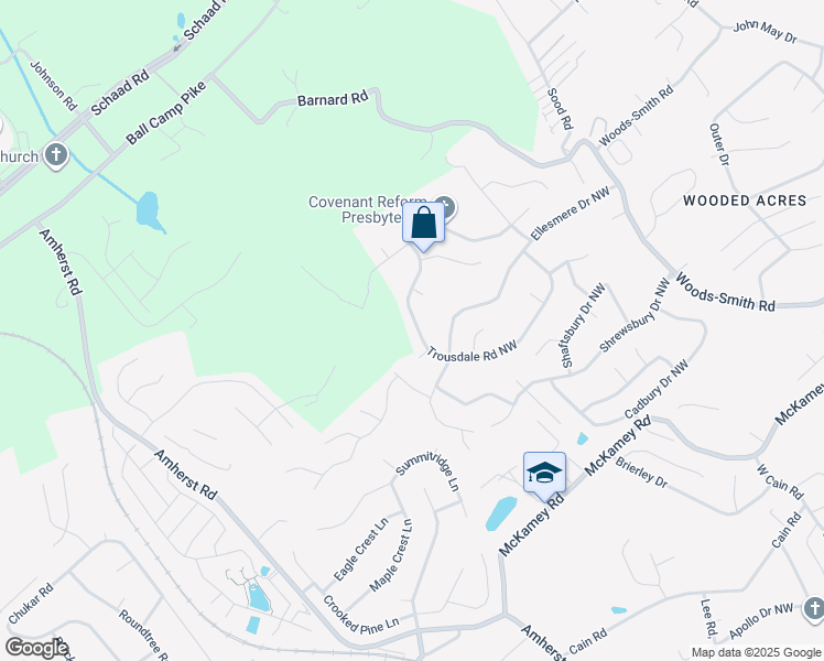 map of restaurants, bars, coffee shops, grocery stores, and more near 6720 Trousdale Road Northwest in Knoxville