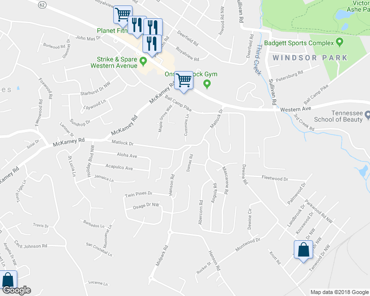map of restaurants, bars, coffee shops, grocery stores, and more near 5524 Matlock Drive in Knoxville