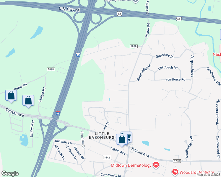 map of restaurants, bars, coffee shops, grocery stores, and more near 4142 Harrison Drive in Rocky Mount