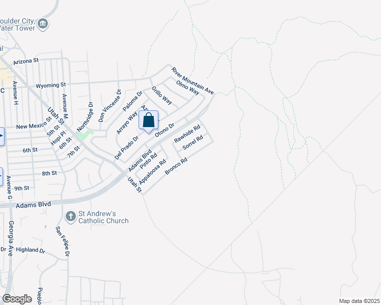 map of restaurants, bars, coffee shops, grocery stores, and more near 1441 Bronco Road in Boulder City