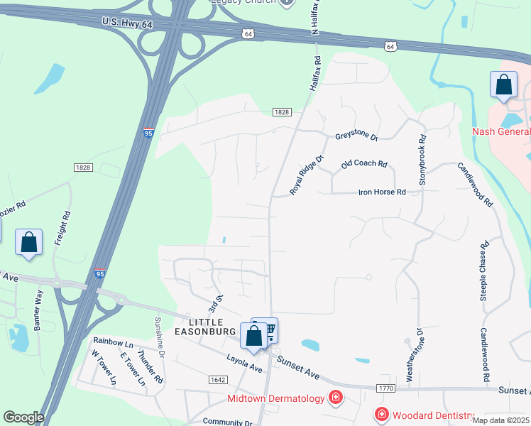 map of restaurants, bars, coffee shops, grocery stores, and more near Harrison Drive in Rocky Mount