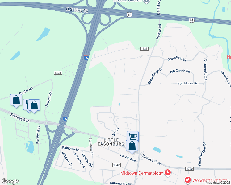 map of restaurants, bars, coffee shops, grocery stores, and more near 4148 Harrison Drive in Rocky Mount